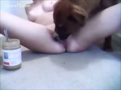 Babe uses peanut butter to entice her pooch